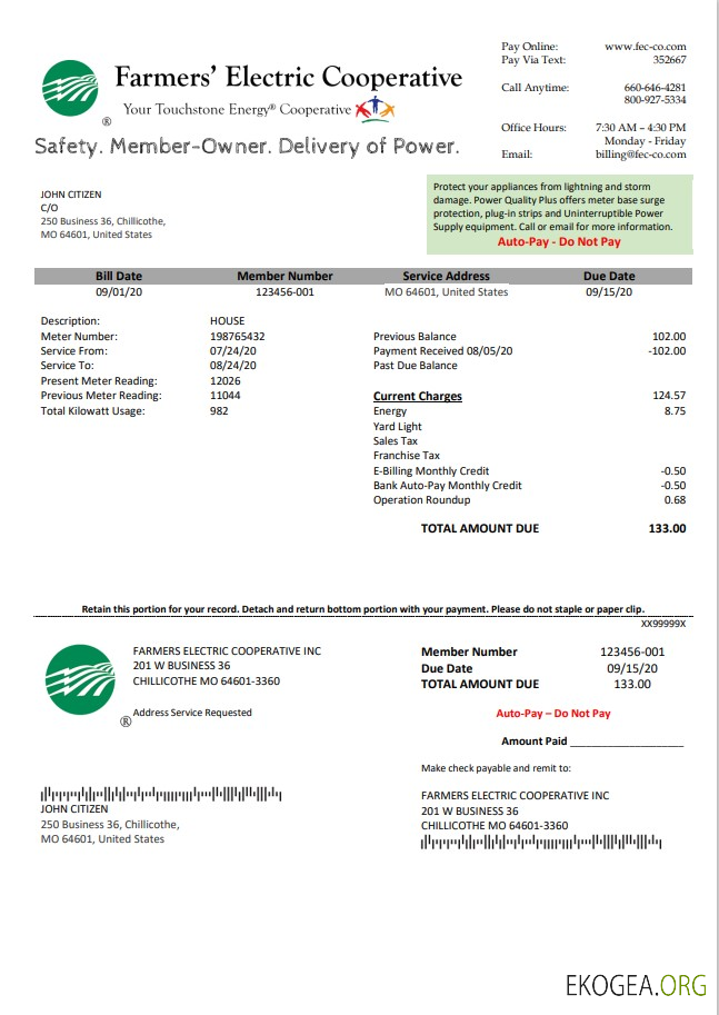 USA Ohio Farmer’s Electric Cooperative utility bill template in Word an PDF format